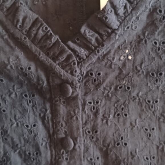 Anthropologie NEW Doe & Rae Black Eyelet Lace Puff Sleeve Covered Button Blouse - Picture 3 of 12